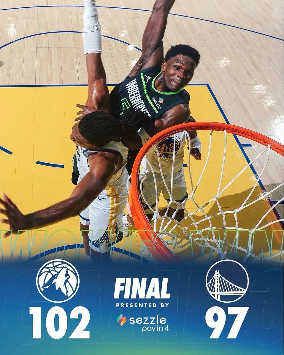 NBA｜森林狼102-97力克勇士，系列赛大比分2-1反超，华子36分，兰德尔三双，巴特勒33分7板7助  第3张